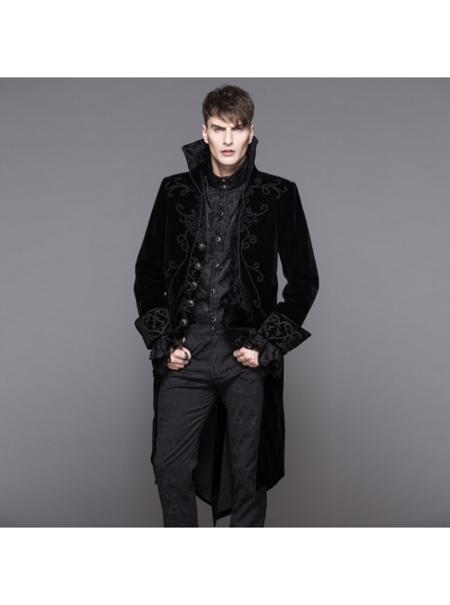 Men Glass Patterned Button Gothic Hand-Embroidered Fake Two Pieces Black Velvet Coats
