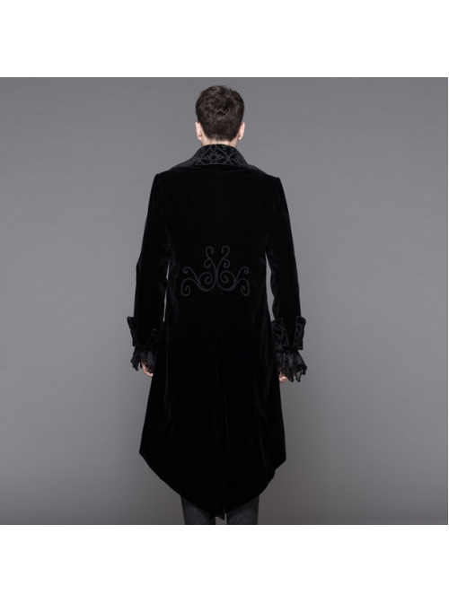 Men Glass Patterned Button Gothic Hand-Embroidered Fake Two Pieces Black Velvet Coats