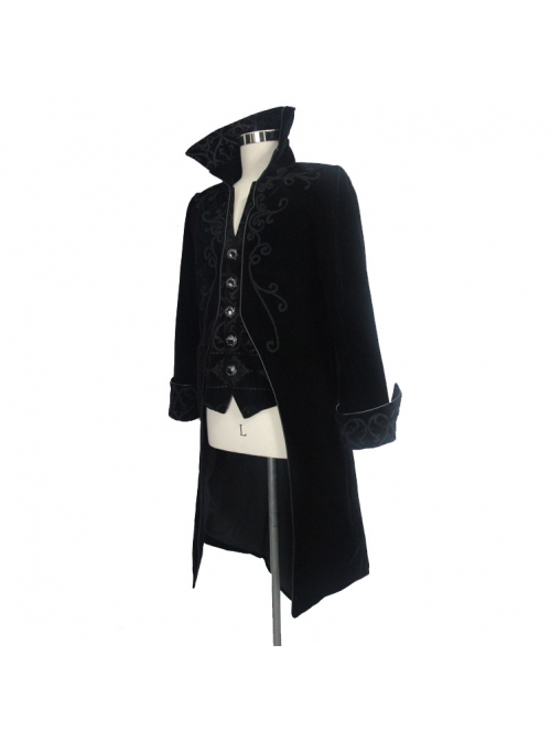 Men Glass Patterned Button Gothic Hand-Embroidered Fake Two Pieces Black Velvet Coats