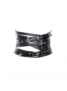 Black Cool Leather Splicing Retro Metal Buckle Bandage Wrap Design Punk Style Corset