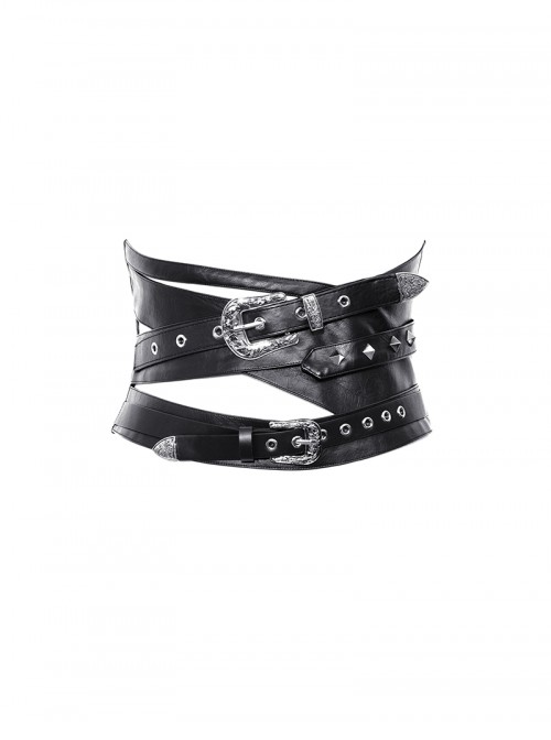 Black Cool Leather Splicing Retro Metal Buckle Bandage Wrap Design Punk Style Corset