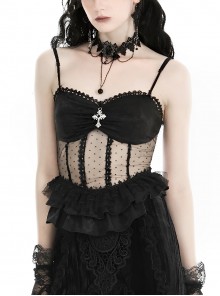 Black Sexy See Through Lace Splicing Metal Cross Decoration Gothic Style Tight Suspender Top