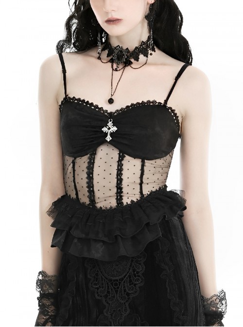 Black Sexy See Through Lace Splicing Metal Cross Decoration Gothic Style Tight Suspender Top