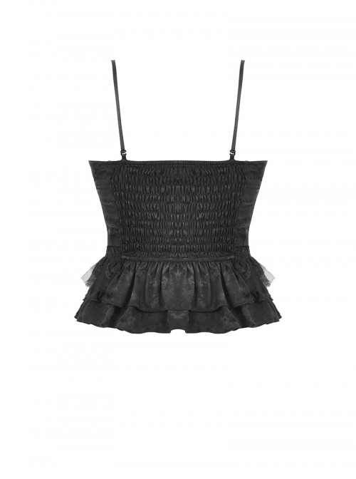 Black Sexy See Through Lace Splicing Metal Cross Decoration Gothic Style Tight Suspender Top