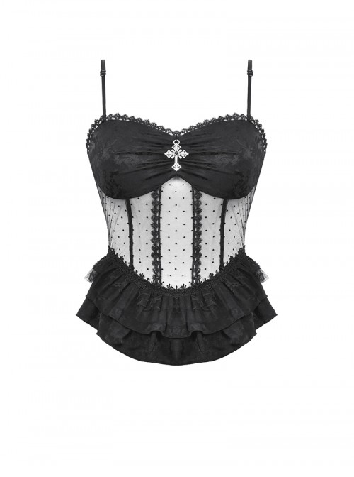 Black Sexy See Through Lace Splicing Metal Cross Decoration Gothic Style Tight Suspender Top