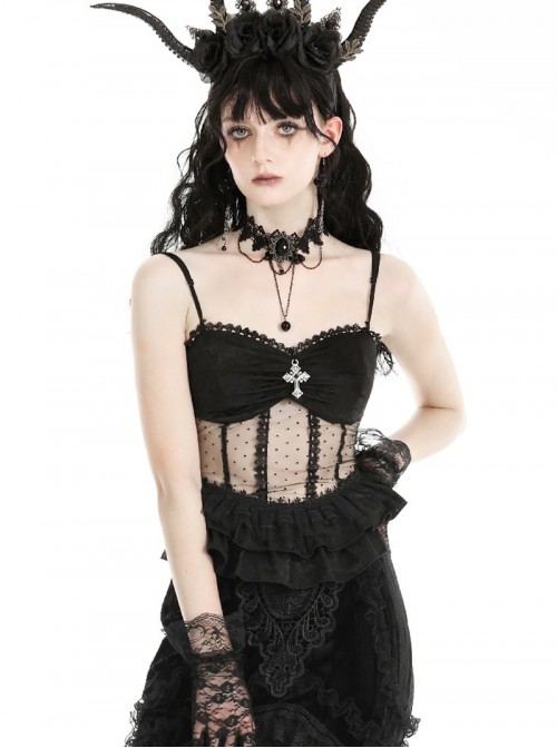 Black Sexy See Through Lace Splicing Metal Cross Decoration Gothic Style Tight Suspender Top