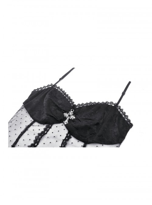Black Sexy See Through Lace Splicing Metal Cross Decoration Gothic Style Tight Suspender Top