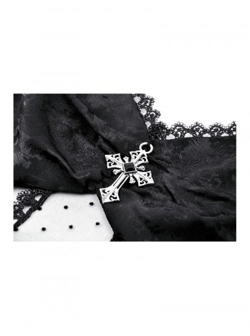 Black Sexy See Through Lace Splicing Metal Cross Decoration Gothic Style Tight Suspender Top
