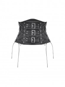 Black Retro Distressed Leather Cool Metal Rivet Decoration Strap Zipper Design Punk Style Corset