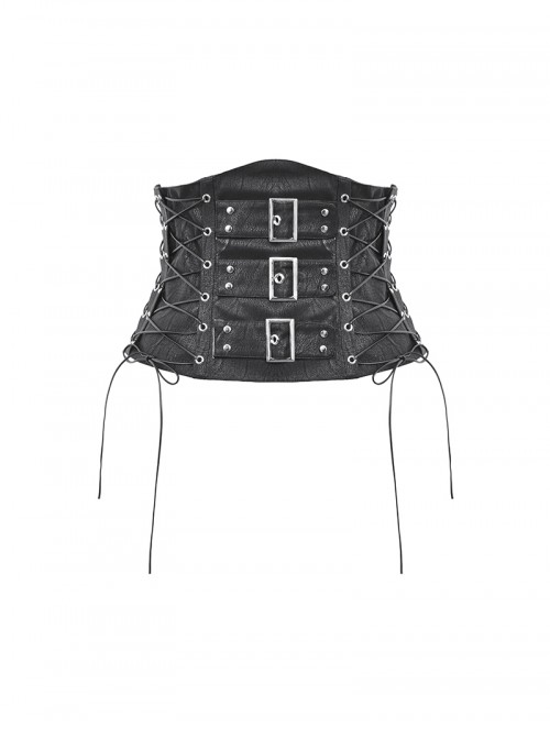 Black Retro Distressed Leather Cool Metal Rivet Decoration Strap Zipper Design Punk Style Corset