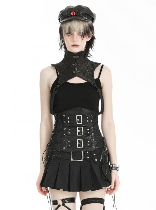 Black Retro Distressed Leather Cool Metal Rivet Decoration Strap Zipper Design Punk Style Corset