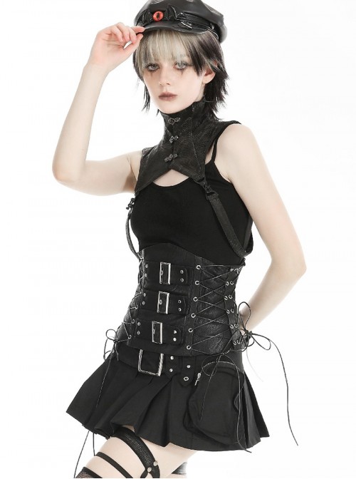 Black Retro Distressed Leather Cool Metal Rivet Decoration Strap Zipper Design Punk Style Corset