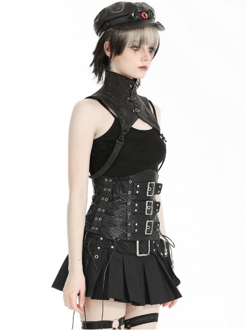 Black Retro Distressed Leather Cool Metal Rivet Decoration Strap Zipper Design Punk Style Corset