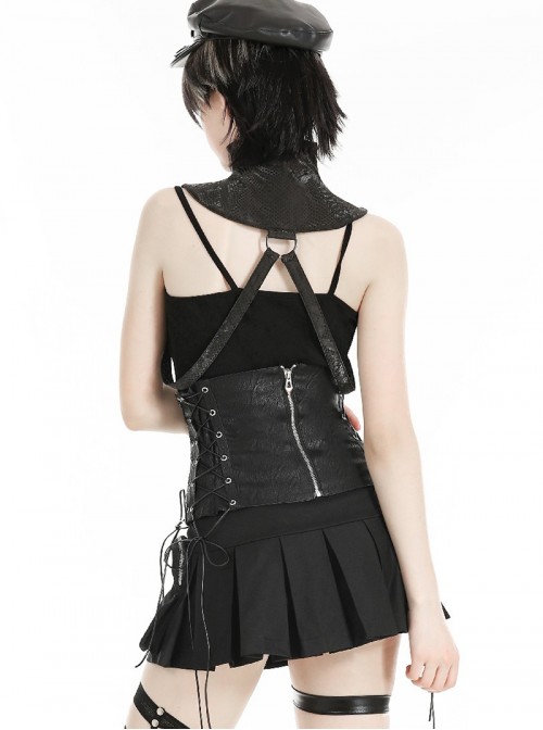 Black Retro Distressed Leather Cool Metal Rivet Decoration Strap Zipper Design Punk Style Corset
