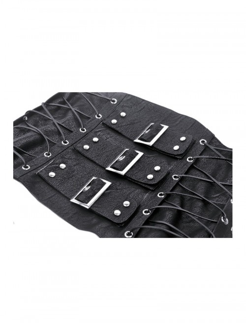 Black Retro Distressed Leather Cool Metal Rivet Decoration Strap Zipper Design Punk Style Corset