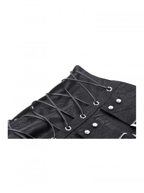 Black Retro Distressed Leather Cool Metal Rivet Decoration Strap Zipper Design Punk Style Corset