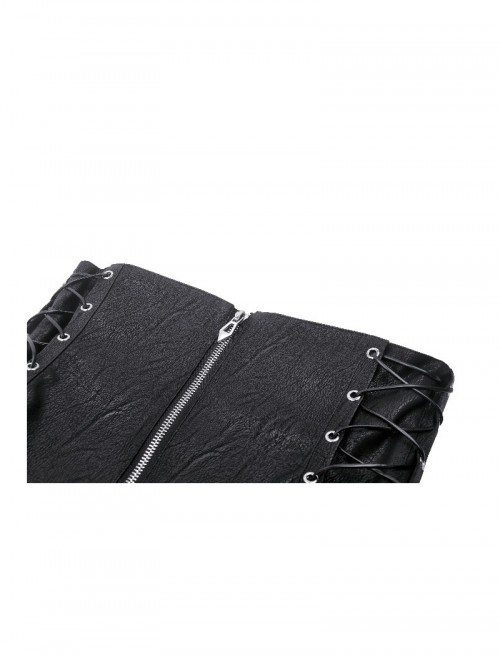 Black Retro Distressed Leather Cool Metal Rivet Decoration Strap Zipper Design Punk Style Corset