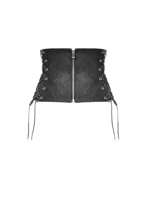 Black Retro Distressed Leather Cool Metal Rivet Decoration Strap Zipper Design Punk Style Corset