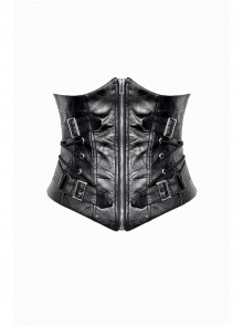 Black Leather Splicing Cool Metal Buckle Decoration Side Cross Straps Punk Style Corset