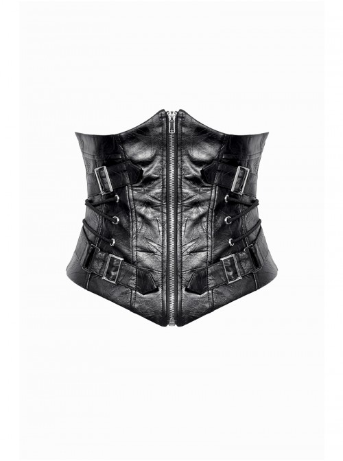 Black Leather Splicing Cool Metal Buckle Decoration Side Cross Straps Punk Style Corset