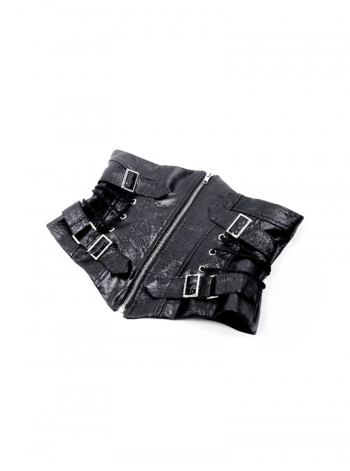 Black Leather Splicing Cool Metal Buckle Decoration Side Cross Straps Punk Style Corset
