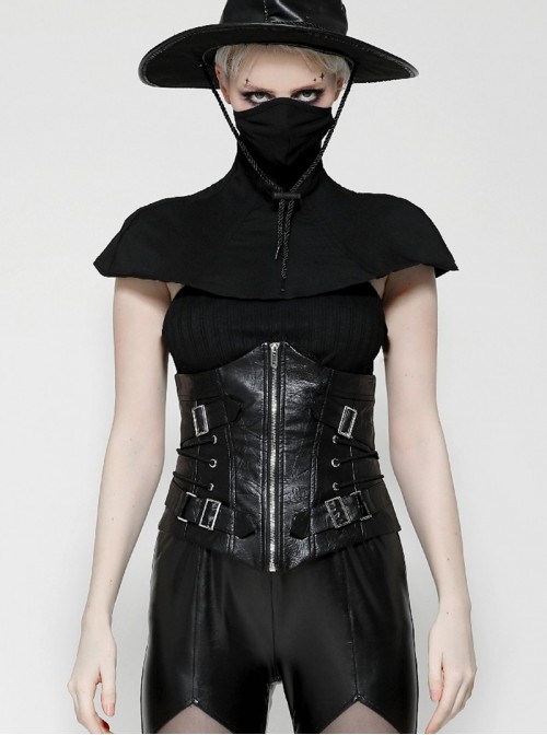 Black Leather Splicing Cool Metal Buckle Decoration Side Cross Straps Punk Style Corset