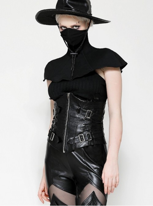 Black Leather Splicing Cool Metal Buckle Decoration Side Cross Straps Punk Style Corset