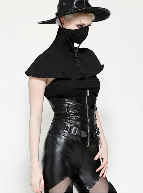 Black Leather Splicing Cool Metal Buckle Decoration Side Cross Straps Punk Style Corset