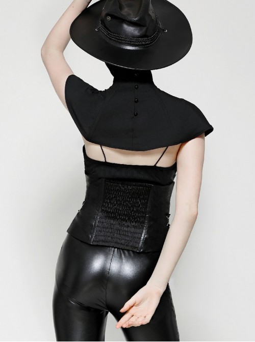 Black Leather Splicing Cool Metal Buckle Decoration Side Cross Straps Punk Style Corset