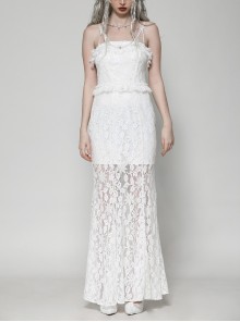 White Elegant Lace Splicing Sexy Cat Ear Suspender Design Gothic Style Fishtail Dress