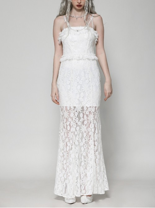 White Elegant Lace Splicing Sexy Cat Ear Suspender Design Gothic Style Fishtail Dress