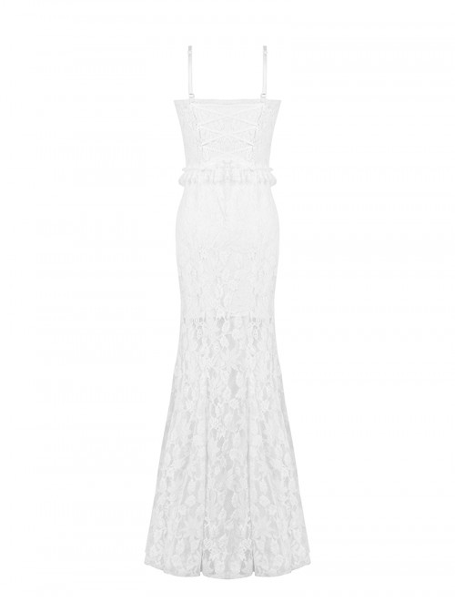 White Elegant Lace Splicing Sexy Cat Ear Suspender Design Gothic Style Fishtail Dress