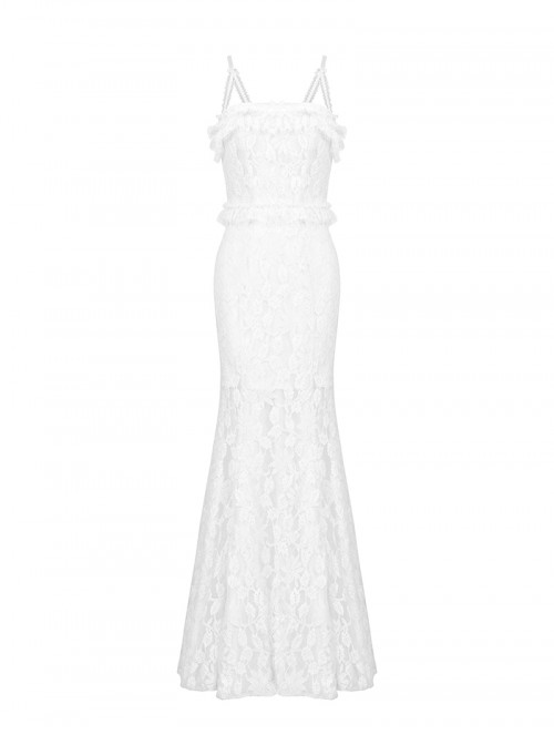 White Elegant Lace Splicing Sexy Cat Ear Suspender Design Gothic Style Fishtail Dress