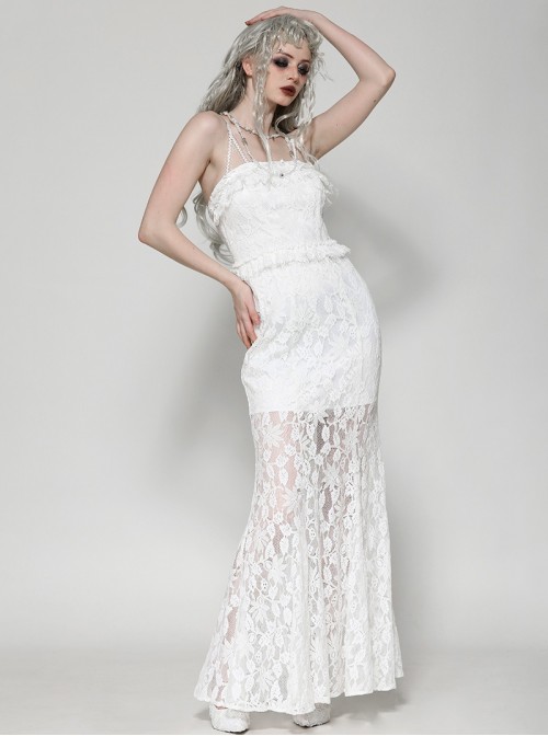 White Elegant Lace Splicing Sexy Cat Ear Suspender Design Gothic Style Fishtail Dress