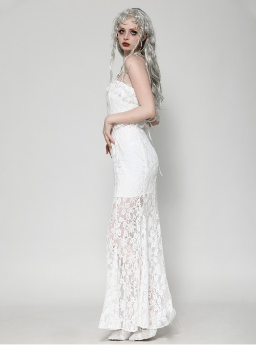 White Elegant Lace Splicing Sexy Cat Ear Suspender Design Gothic Style Fishtail Dress