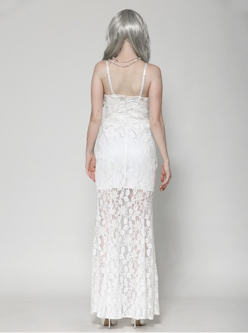 White Elegant Lace Splicing Sexy Cat Ear Suspender Design Gothic Style Fishtail Dress