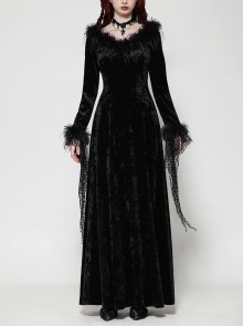 Black Elegant Velvet Feather Splicing Sexy V Neck Gothic Style Slim Long Sleeves Dress