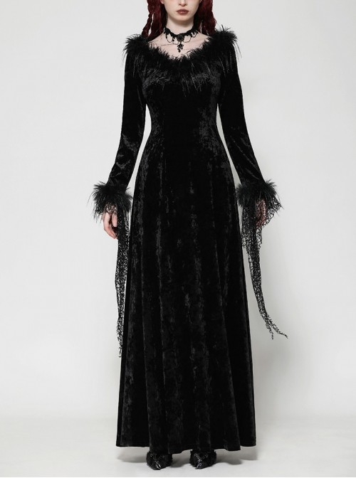 Black Elegant Velvet Feather Splicing Sexy V Neck Gothic Style Slim Long Sleeves Dress