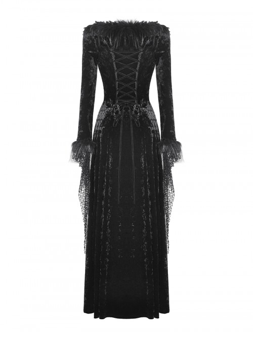 Black Elegant Velvet Feather Splicing Sexy V Neck Gothic Style Slim Long Sleeves Dress