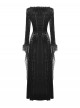 Black Elegant Velvet Feather Splicing Sexy V Neck Gothic Style Slim Long Sleeves Dress