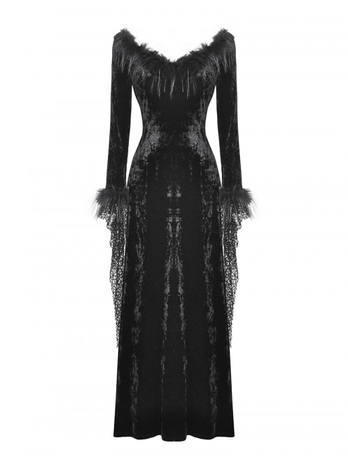 Black Elegant Velvet Feather Splicing Sexy V Neck Gothic Style Slim Long Sleeves Dress