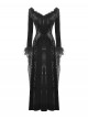 Black Elegant Velvet Feather Splicing Sexy V Neck Gothic Style Slim Long Sleeves Dress
