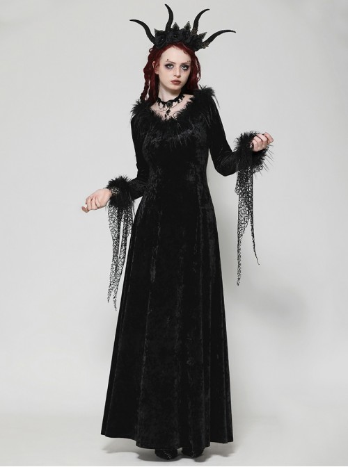 Black Elegant Velvet Feather Splicing Sexy V Neck Gothic Style Slim Long Sleeves Dress