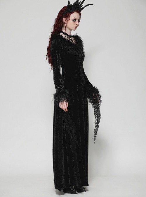 Black Elegant Velvet Feather Splicing Sexy V Neck Gothic Style Slim Long Sleeves Dress