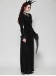 Black Elegant Velvet Feather Splicing Sexy V Neck Gothic Style Slim Long Sleeves Dress