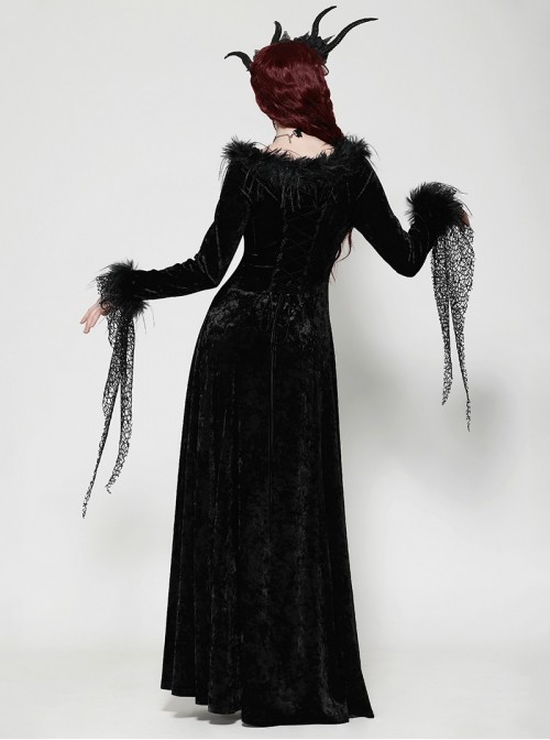 Black Elegant Velvet Feather Splicing Sexy V Neck Gothic Style Slim Long Sleeves Dress