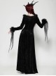 Black Elegant Velvet Feather Splicing Sexy V Neck Gothic Style Slim Long Sleeves Dress