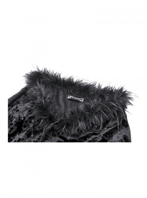 Black Elegant Velvet Feather Splicing Sexy V Neck Gothic Style Slim Long Sleeves Dress