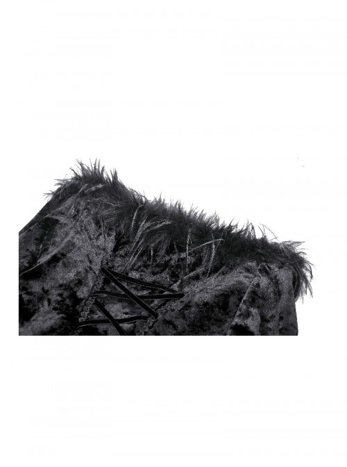 Black Elegant Velvet Feather Splicing Sexy V Neck Gothic Style Slim Long Sleeves Dress