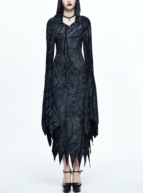 Gray Floral Branches Printed Irregular Pointy Burr Hem Knitted Hooded Punk Dress